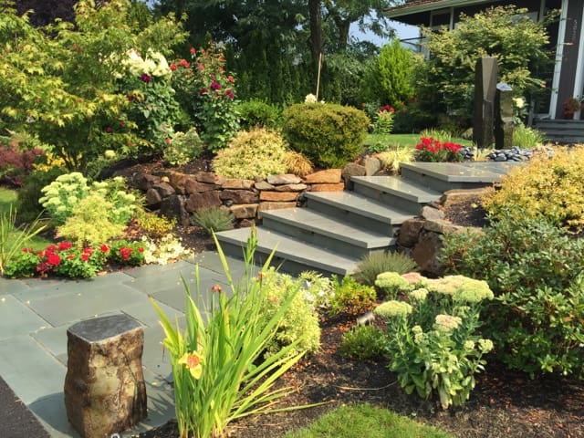 Hardscape stairs with summer landscaping